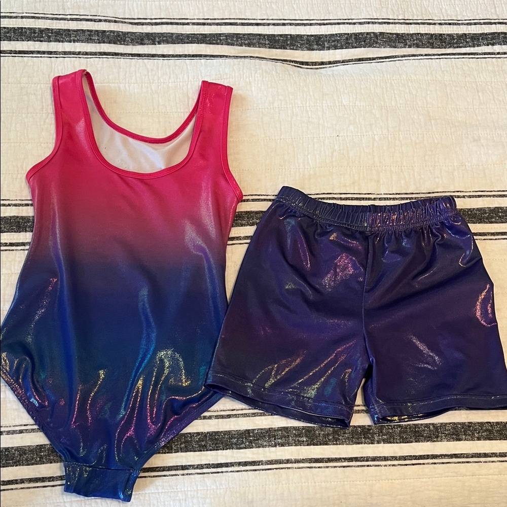 Pink and Blue Gymnastics Leotard and Shorts Set - Picture 2 of 4